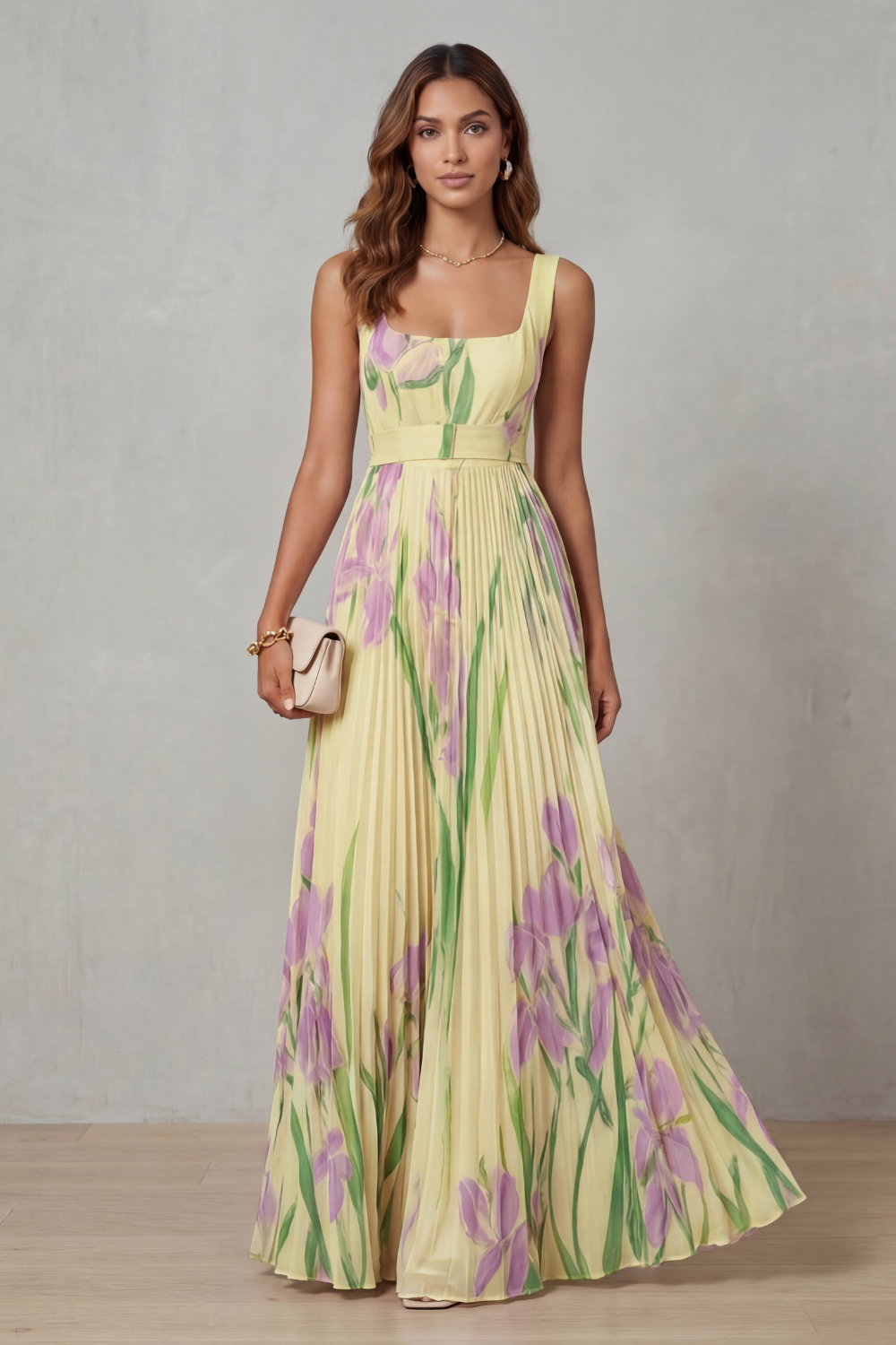 Vivienna – Watercolor floral – Pleated maxi dress