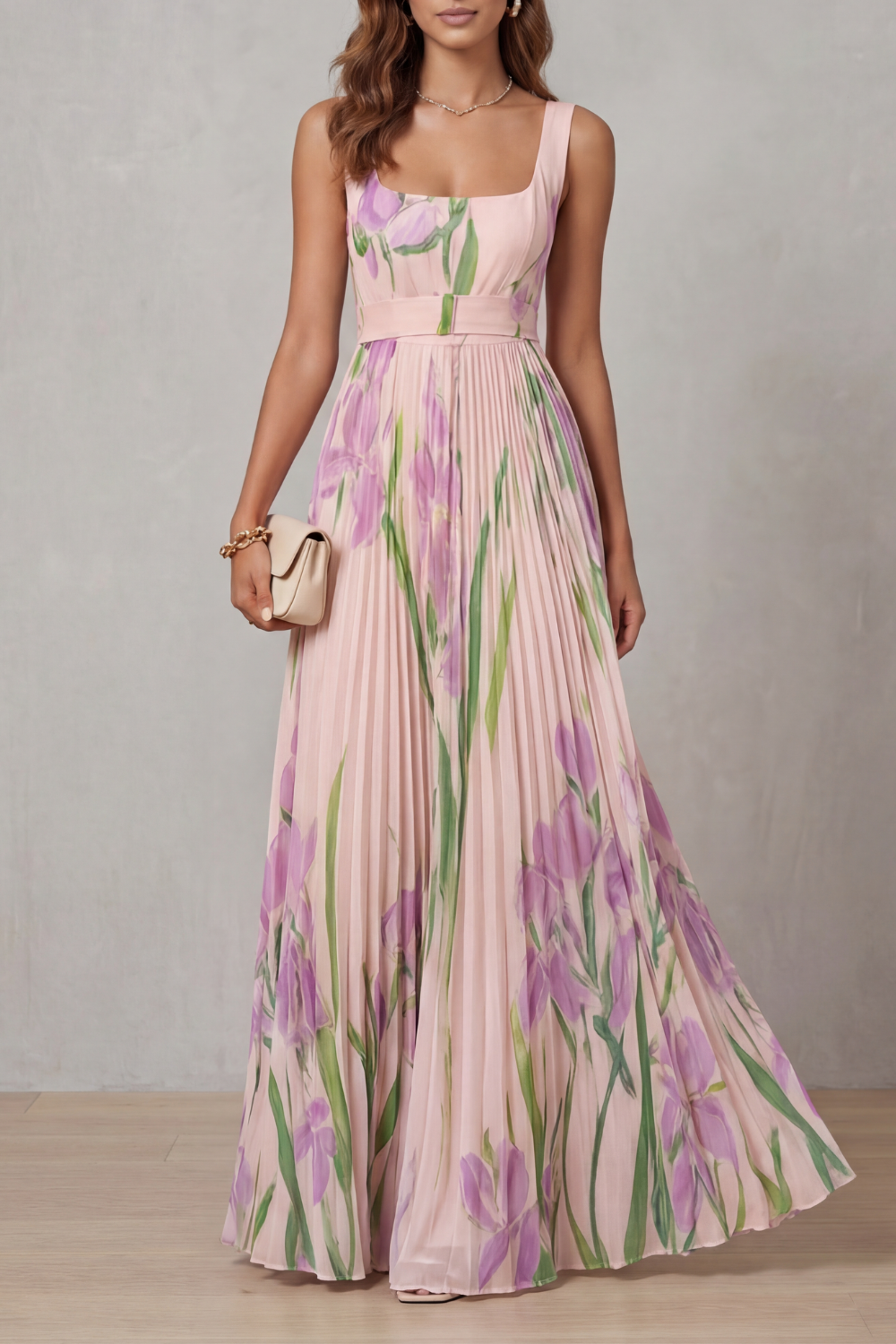 Vivienna – Watercolour floral – Pleated maxi dress