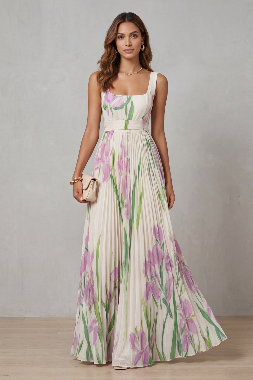 womens pleated dress flowers Vivienna Watercolor floral Pleated maxi dress